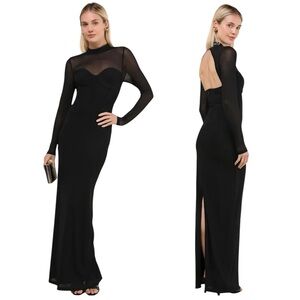 NWT Lulus Sensational Appeal Black Mesh Sheer Long Sleeve Bustier Stretchy Dress